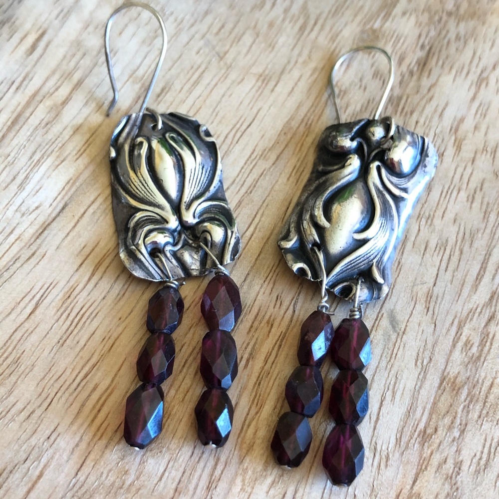 Sterling Silver Garnet Art Noureau Boho Earring 💋 - Picture 6 of 10